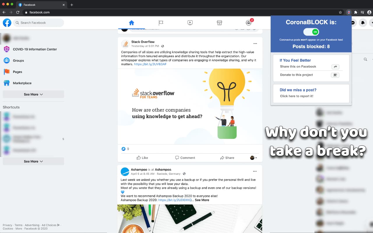 CoronaBLOCK settings